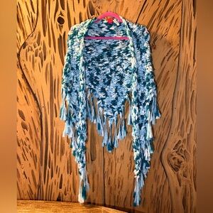 Nicole Ricci Blue and Green Chunky Crochet Shawl with fringe detail